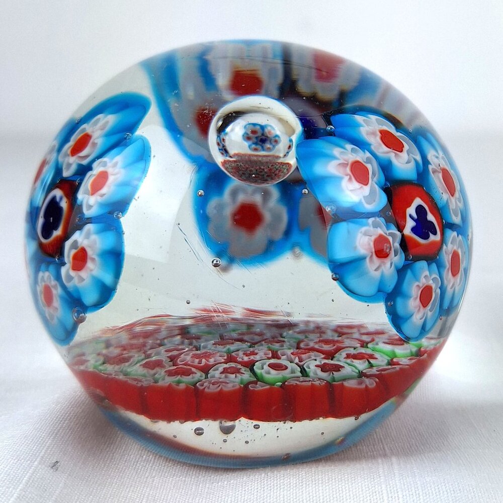 Millefiori Art Glass Round Paperweight With Colorful Floral Design Center Bubble